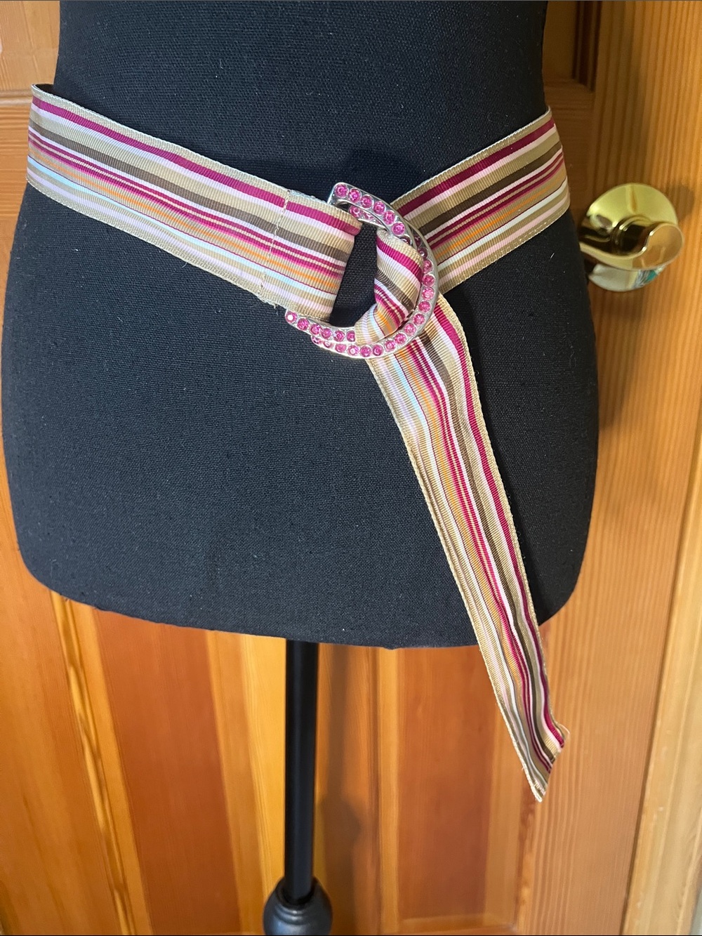 Striped Pink Multi-Color Fabric Belt with Pink Rhinestone Buckle